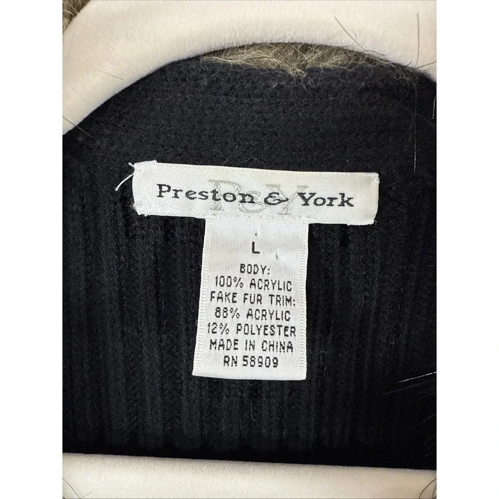 Preston & York Womens Black Sweater Cardigan Faux Fur Collar L embroidered